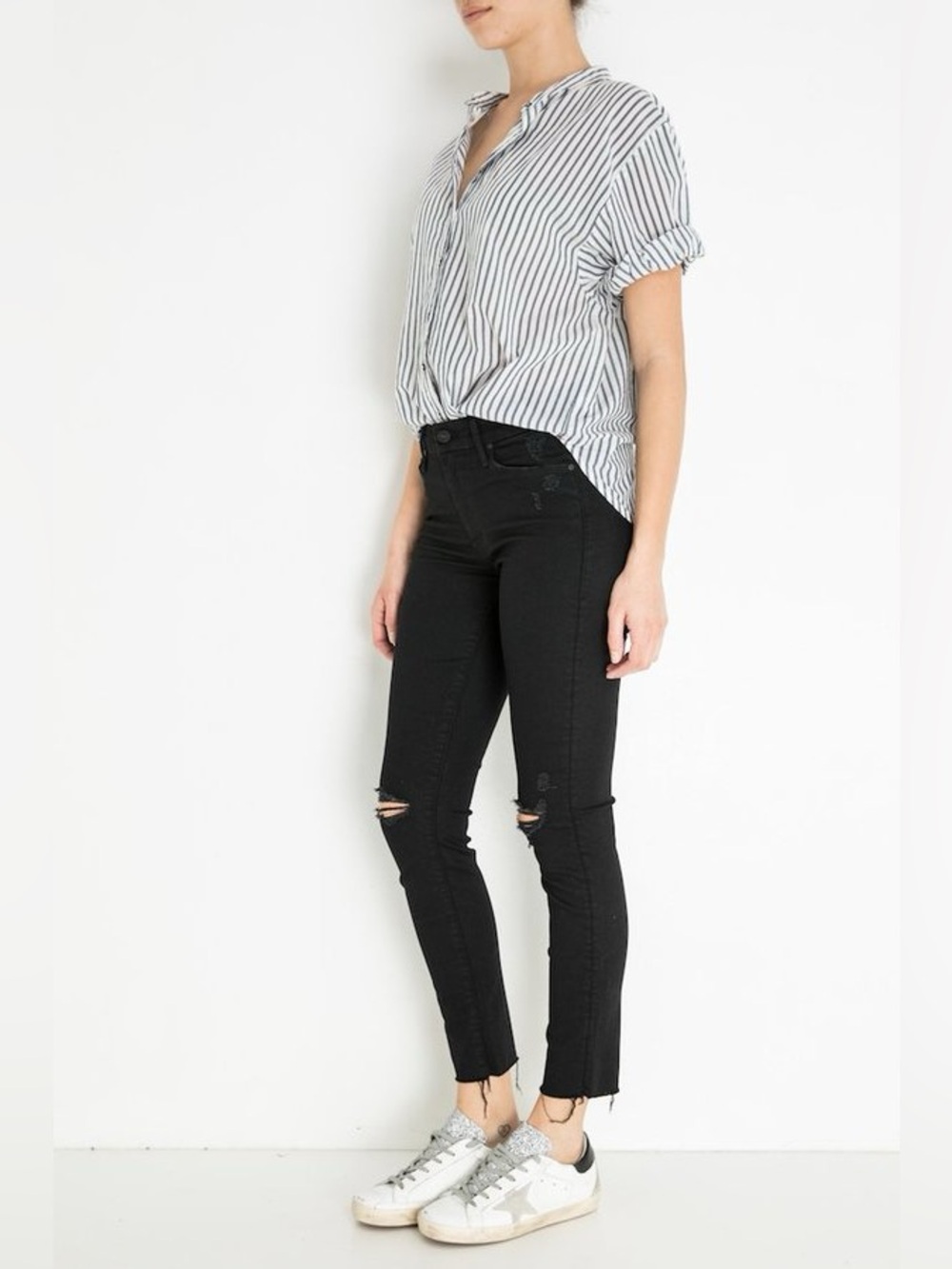 Mother Denim The Looker Ankle Fray Black Destroyed Guilty As Sin Skinny Jeans 25